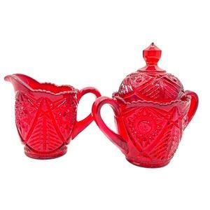 Vintage Red EAPG Glass Creamer and Sugar Bowl with Lid Deep Cut Design estate